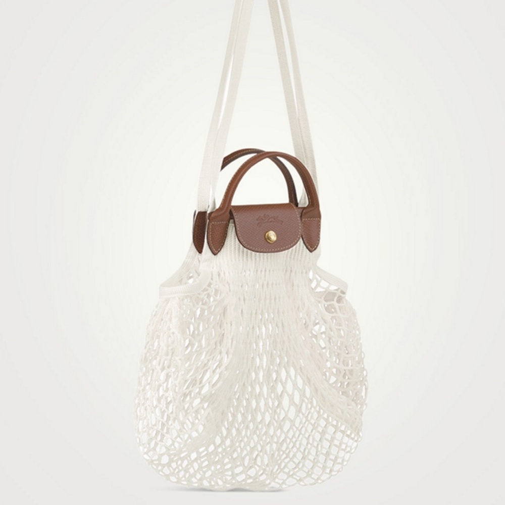 Longchamp Ecru Mesh Tote with Brown Leather Trim and Handles